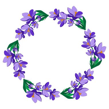 Yuvarlak bir çerçeve ve güzel çiçekleri var. Sezon tasarımınız için şenlikli çiçek çemberi. Violet Flowers. Vektör İllüstrasyonu.