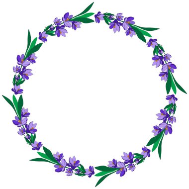 Yuvarlak bir çerçeve ve güzel çiçekleri var. Sezon tasarımınız için şenlikli çiçek çemberi. Violet Flowers. Vektör İllüstrasyonu.