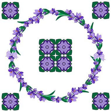 Yuvarlak çerçeve, güzel çiçekli kruvazör ve sezon tasarımınız için dekoratif elementler. Violet Flowers. Vektör İllüstrasyonu.
