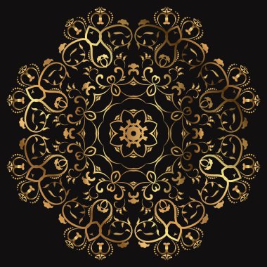 Lüks dekoratif mandala tasarımı. Siyah arka planda altın rengi. Kahve, çay ve kartvizit için logo tasarımı etiketi. Ayrı bir süs. Vektör İllüstrasyonu.