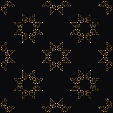 Siyah arka planda altın elementleri olan kusursuz bir desen. Kafe, restoran, dükkan, baskı, mühür, zarif düğün davetiyesi, davetiye için vektör çiçek sembolü. 