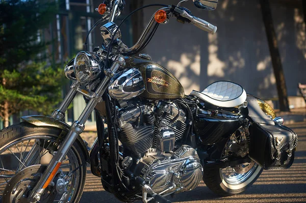 Tbilisi, Georgia - July 16, 2019 - parked Harley Davidson chromed bobber motorcycle