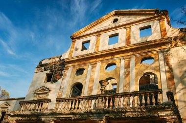 Tbilisi, Georgia October 27, 2019 - Old abandoned resort hotel in Borjomi, Georgia. Golden autumn leaves and beautiful scenery around.