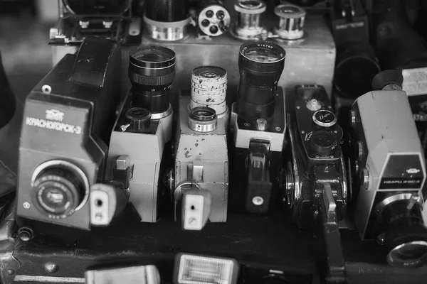 Yerevan, Armenia October 13, 2019: Vintage soviet and foreign cameras and lenses on the market