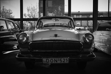 Kachreti, Georgia November 9, 2019: Black and white image of vintage soviet cars from private collection