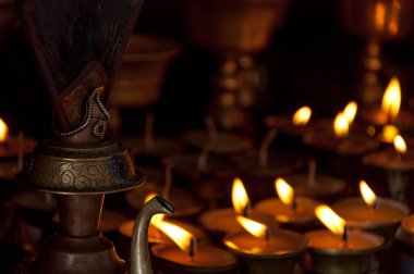 Lit candles at the monkey temple of Kathmandu