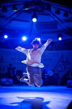 Tbilisi, Georgia July 14, 2019 Dancers of Georgian National Ballet dance company Sukhishvili performing on stage at Art Gene Festival