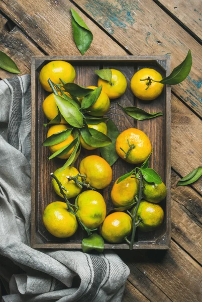 Mandarines méditerranéennes fraîches cueillies avec des feuilles vertes dans la caisse — Photo