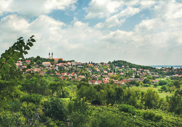 View over Tihany abbey and town on lake Balaton in Hungary in summer