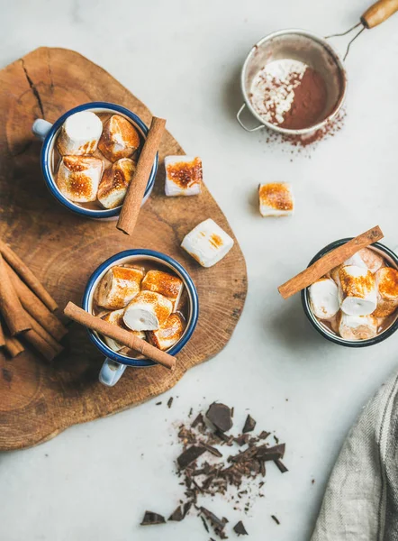 Hot chocolate in enamel mugs — Stock Photo, Image