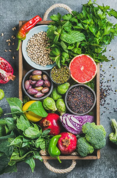 Healthy food in rustic tray — Stock Photo, Image