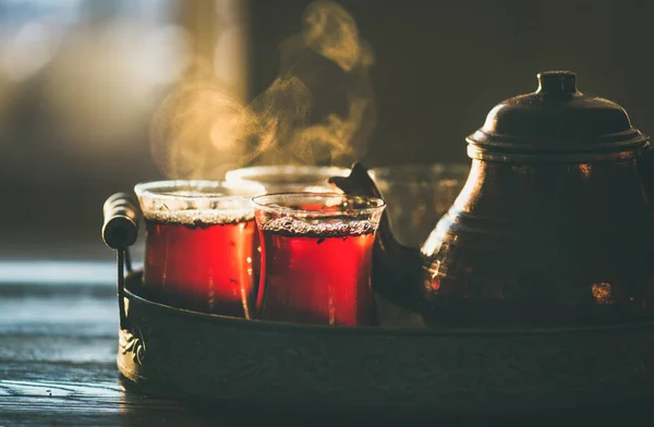 Traditional hot steaming Turkish tea — Stock Photo, Image