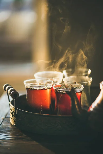 Traditional hot steaming Turkish tea — Stock Photo, Image