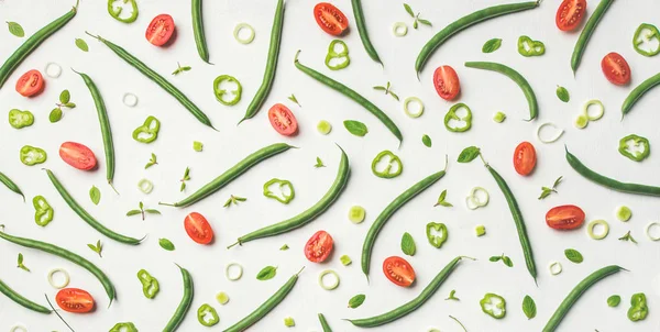 Patrón Alimentos Textura Fondo Puesta Plana Judías Verdes Frescas Tomates — Foto de Stock