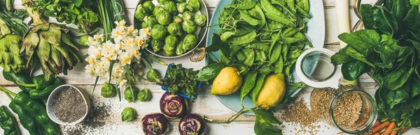 Primavera Alimentos Saudáveis Vegan Ingredientes Cozinha Legumes Frutas Sementes Brotos — Fotografia de Stock