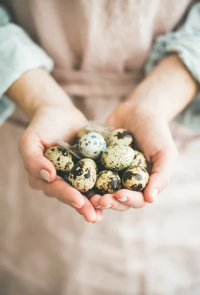 Paskalya Tatil Tebrik Kartı Doğal Renkli Bıldırcın Yumurta Tüy Kadının — Stok fotoğraf
