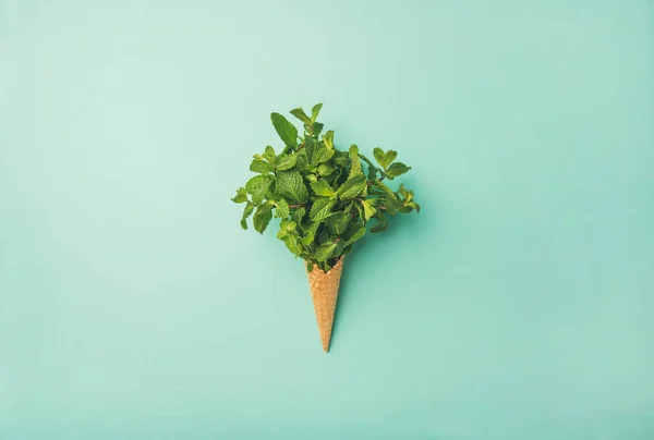 Сладкое Вафельное Мороженое Кучей Свежей Зеленой Мяты Фоне Пастельной Мяты — стоковое фото