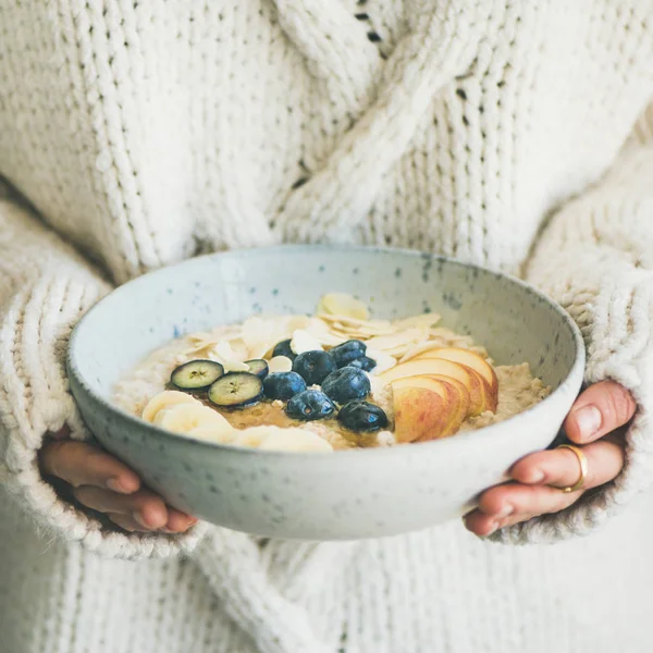 Healthy Winter Breakfast Bed Woman Woolen Sweater Holding Bowl Vegan — Stock Photo, Image