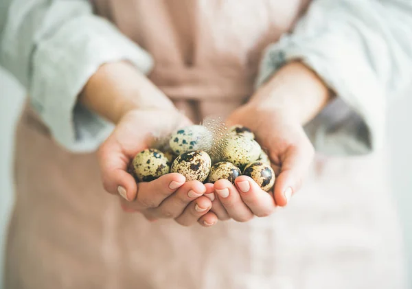 Easter Holiday Greeting Card Natural Colored Quail Eggs Feminine Hands — Stock Photo, Image