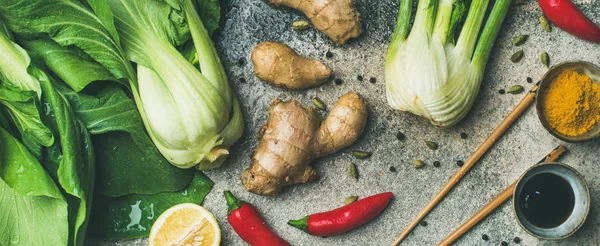 Ingredientes Cocina Asiática Sobre Fondo Hormigón Vista Superior Amplia Composición — Foto de Stock