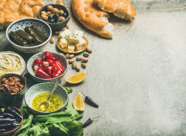 Akdeniz, Orta Doğu meze başlangıç tabağı. Dolma turşusu paprikas, dolma, humus, yağ, zeytin, güneşte kurutulmuş domates, fındık, limon, gri arka plan üzerinde gözleme 