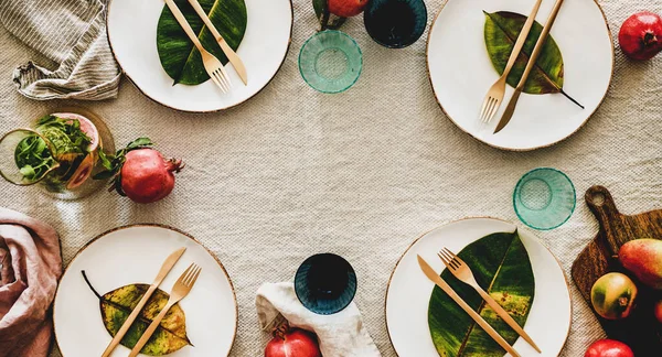 Outono Cenário Mesa Outono Para Jantar Férias Flat Lay Louça — Fotografia de Stock