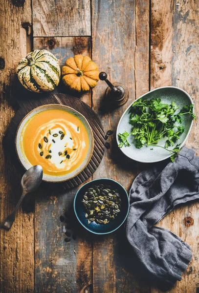 Autumn Winter Warming Seasonal Meal Flat Lay Pumpkin Soup Seeds — Stock Photo, Image