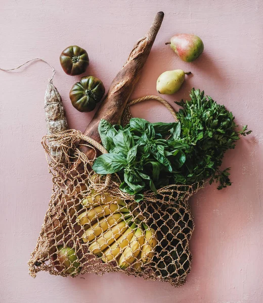 Flat Lay Υγιή Παντοπωλείο Ψώνια Οικολογική Τσάντα Φρέσκα Λαχανικά Φρούτα — Φωτογραφία Αρχείου