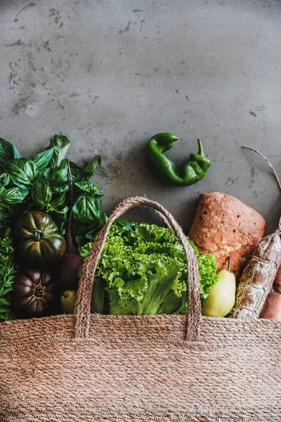 Flat Lay Van Gezonde Kruidenierswinkel Eco Vriendelijke Tas Met Groenten — Stockfoto