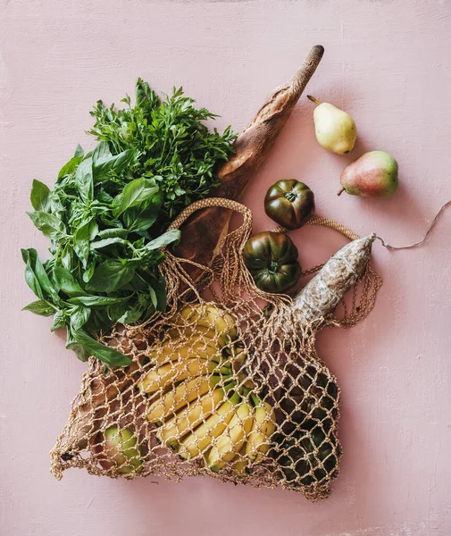 Flat Lay Van Gezonde Kruidenierswinkel Eco Vriendelijke Tas Met Verse — Stockfoto