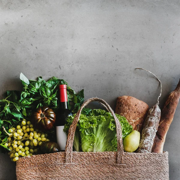 Plochá Poloha Zdravé Potraviny Nakupování Ekologicky Šetrná Taška Zeleninou Ovocem — Stock fotografie