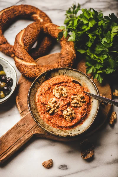 Flat Lay Turkish Traditional Spicy Smoked Red Pepper Paste Walnuts — Stock Photo, Image