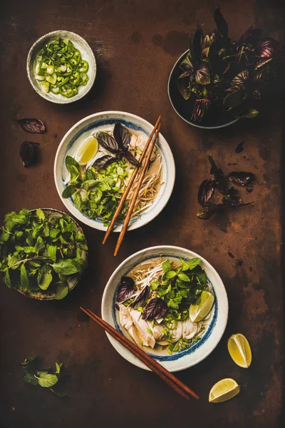 Almoço Cozinha Vietnamita Flat Lay Arroz Sopa Frango Macarrão Pho — Fotografia de Stock