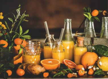 İçkiyi savunmak için vitamin sağlığını arttıran bağışıklık sistemi. Şişelerde zerdeçal, zencefil ve turunçgil suyu iğneleri ve mutfak tezgahının üzerinde taze bitki malzemeleri, kahverengi duvar arkası. Saf vegan bağışıklık güçlendirici.