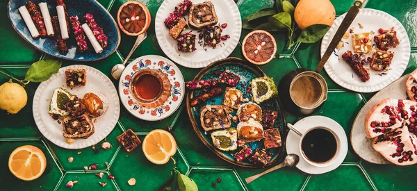 Flat Lay Variedad Turquía Tradicional Lokum Dulce Deleite Con Café —  Fotos de Stock