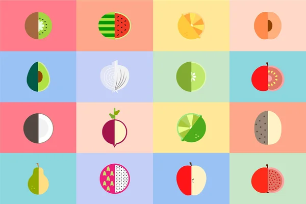 Renkli düz meyve ve sebze simgeleri ayarlayın. Yemek, Restoran Menü ve vejetaryen yemek için şablon