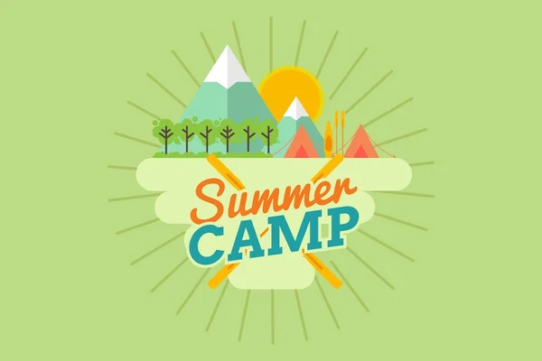 Yaz Tatili ve Seyahat temalı Kamp posteri düz stil, vektör illüstrasyonu.