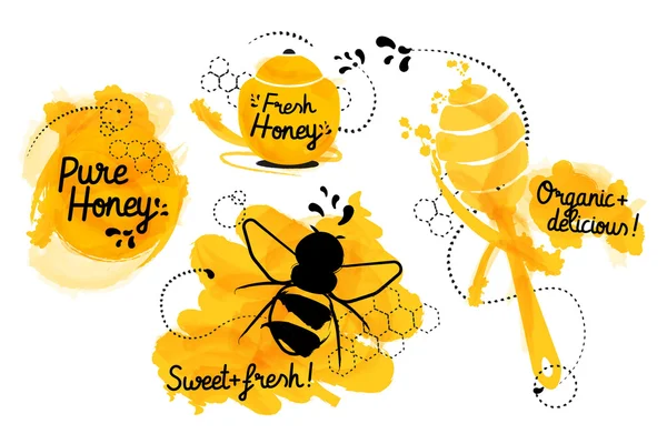 Etiquetas de miel. Plantilla de alimentos para su diseño con barril con miel y lettering.Vector concepto de embalaje . — Vector de stock