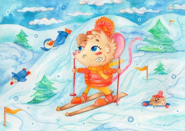 Watercolor children illutration "February": fun times outdoors — Stock Photo, Image