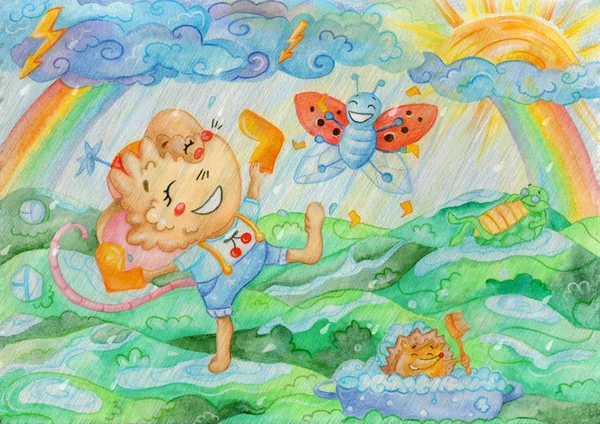 Watercolor illustration "May": dancing in the rain — Stock Photo, Image