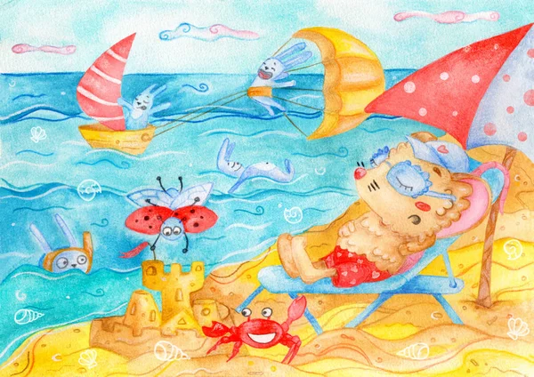 Watercolor illustration "July": beach is fun — Φωτογραφία Αρχείου