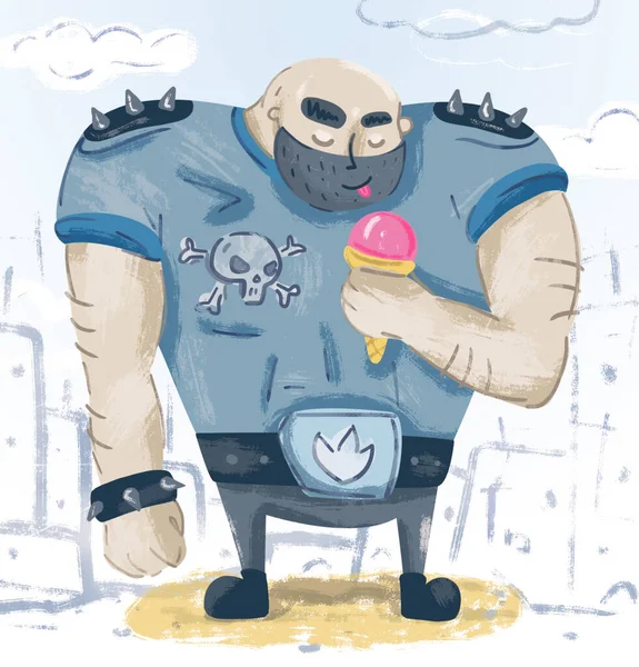 頭蓋骨とスパイクで暗い色をした大きな筋肉の男がアイスクリームを楽しんでいます — ストック写真