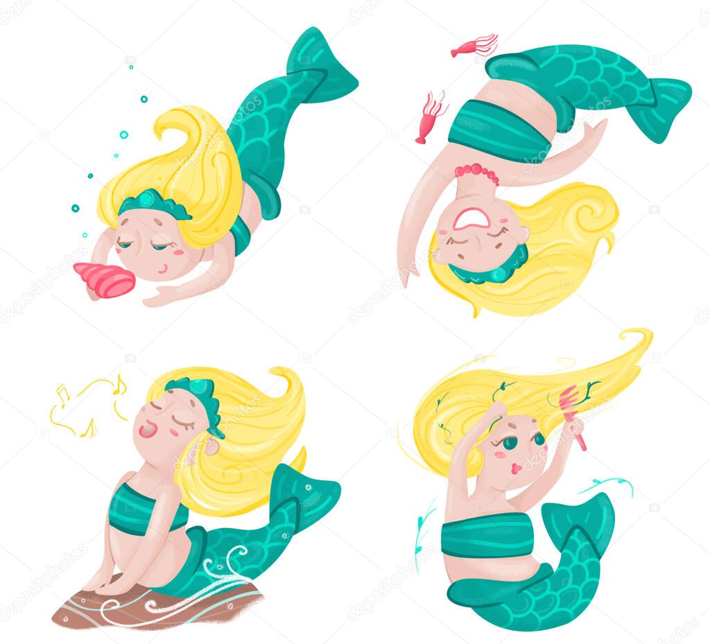 four little mermaids having fun swimming singing brushing playing