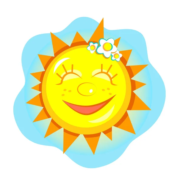 Smějící Slunce Obloze Slunce Pihách Květinami Teplé Sluneční Paprsky Dobrá — Stockový vektor