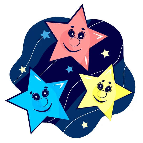 illustration of little happy stars, vector illustration with stars in the dark sky, night sky with funny characters, detailed illustration of space objects