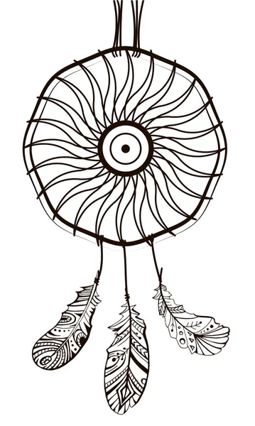 Traumfänger Auf Weißem Hintergrund Sonne Und Federn Als Esoterisches Symbol — Stockvektor