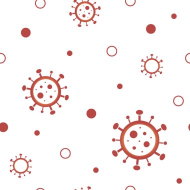 Covid 'den tekrarlanan şablon; beyaz zemin üzerinde dağınık virüsler görüntüsü; yayılan salgın dikişsiz desen; farklı boyutlarda virüslerin doğrusal çizimi; yaratıcılık, tekstil ve duvar kağıtları için basit desen