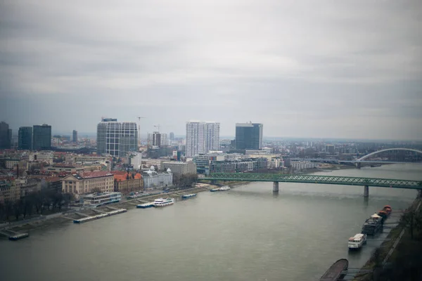 View of the Danube River and Bratislava from the panoramic cafe in Bridge of the Slovak National Uprising