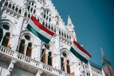 Budapeşte Parlamento Binası cephesinde Macaristan bayrağı