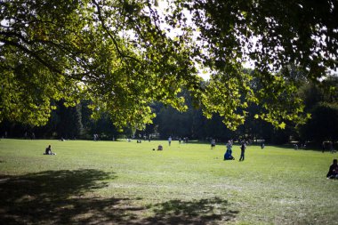 Sokakta insanlarla yeşil park